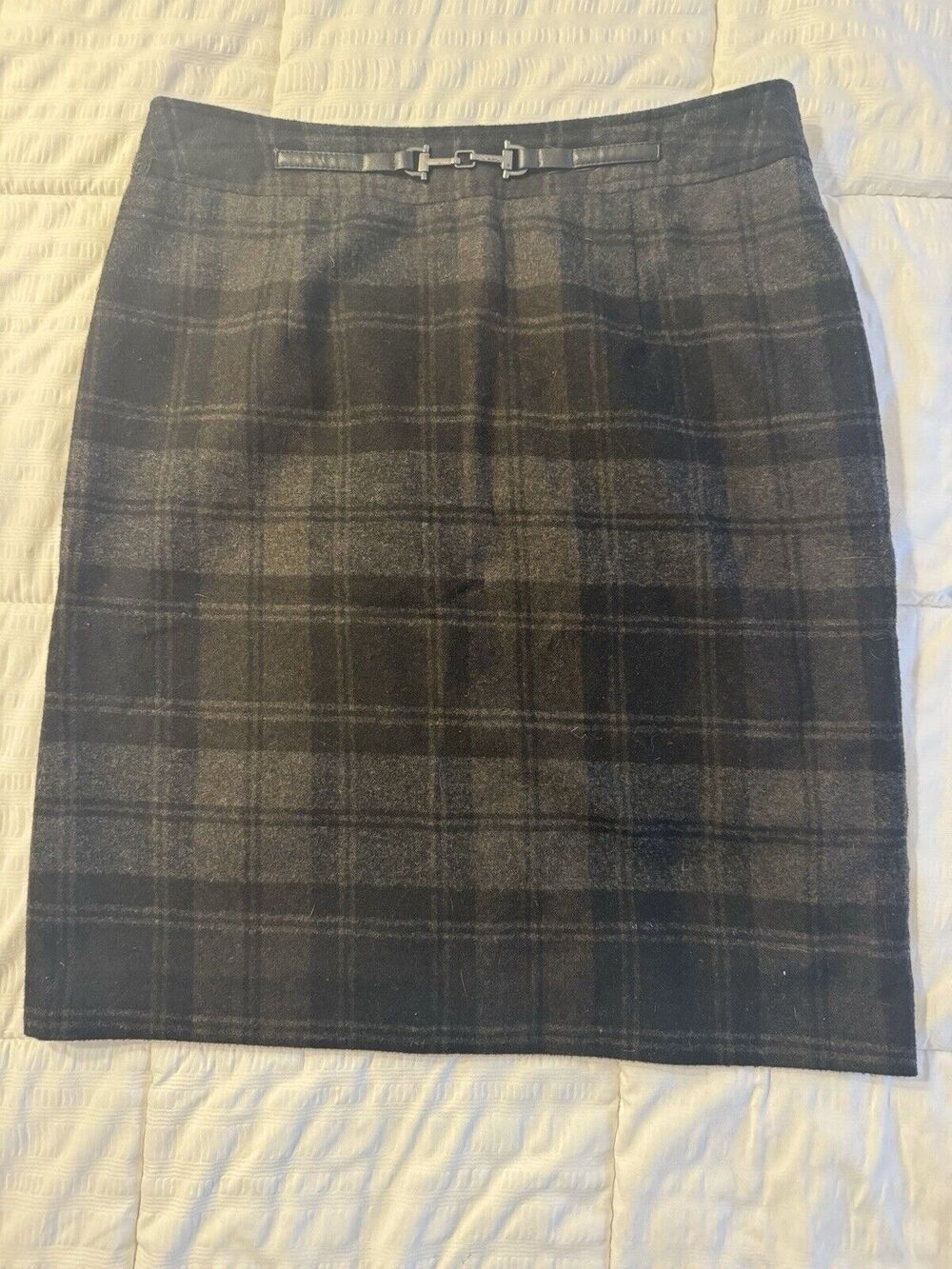 Amanda + Chelsea Pencil Skirt Wool Blend Gray Belted Checkered Dark Academia
